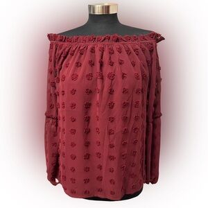 Burgundy Swiss Dot Off Shoulder Blouse Sheer Sleeves Medium